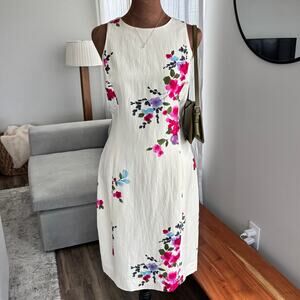 90s Vintage Jones New York Sleeveless Floral Dress Linen Blend Summer Size 8